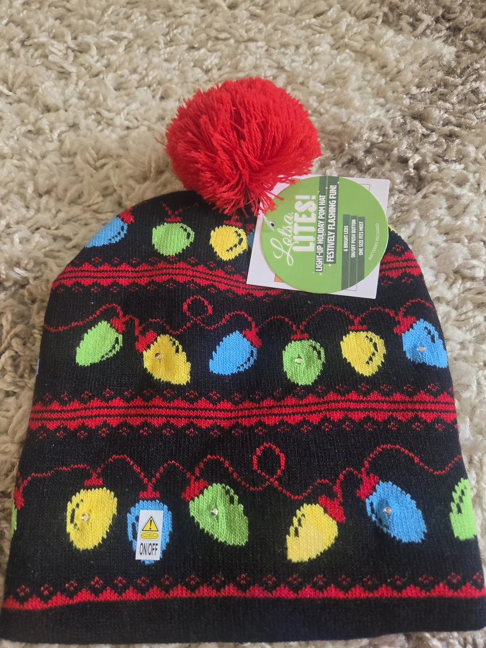 Lights! Pom Pom Knit Hat for Kids - Black with Multicolor Lights